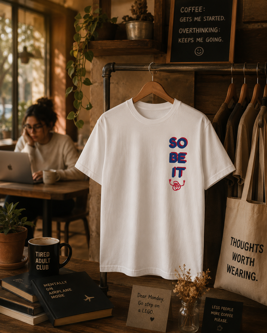 White So Be It™ graphic T-shirt displayed on a hanger in a café