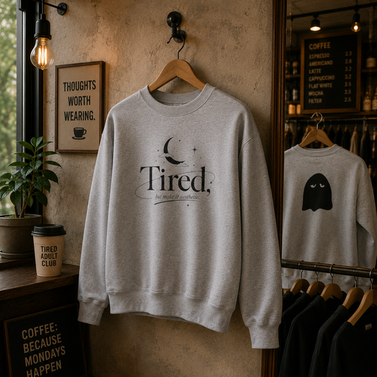 Grey Aesthetic Exhaustion sweatshirt displayed on a hanger in a café
