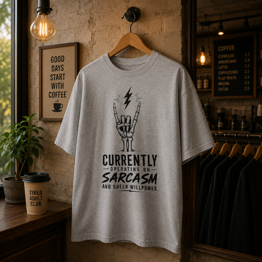 Grey Sarcasm Survival Mode oversized graphic T-shirt displayed on a hanger