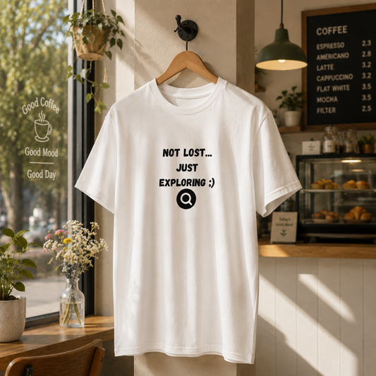 White Explorer’s Mind graphic T-shirt displayed on a wooden hanger