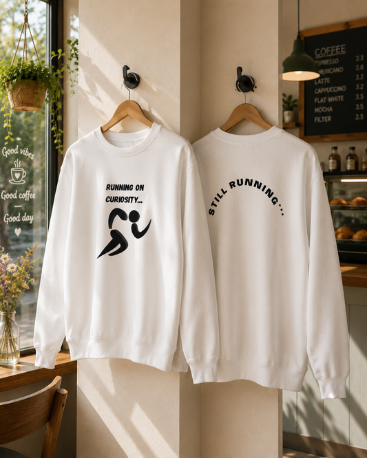 White Curiosity Classic sweatshirt displayed on a wooden hanger