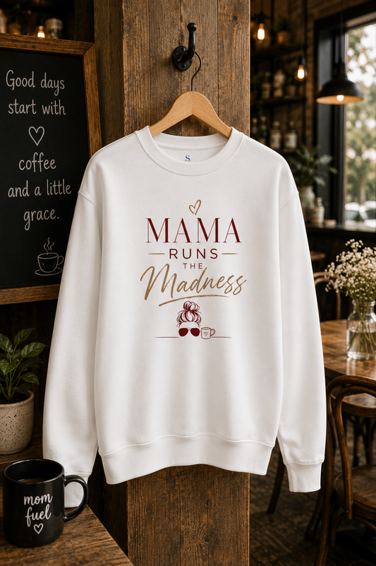 White Mama Runs the Madness sweatshirt displayed on a wooden hanger