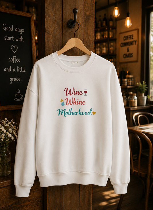 White Wine, Whine and Motherhood sweatshirt displayed on a wooden hanger