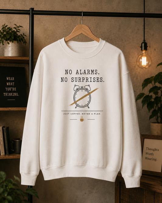 White Morning Terms & Conditions coffee sweatshirt displayed on a hanger