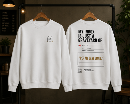 White Inbox Archaeologist sweatshirt shown from the front and back on hangers