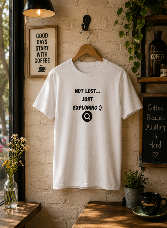 White Accidentally Found women’s T-shirt displayed on a wooden hanger