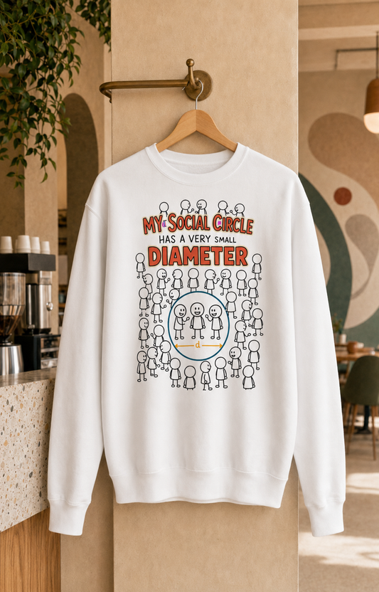 The Small Circle white unisex graphic sweatshirt displayed on a wooden hanger