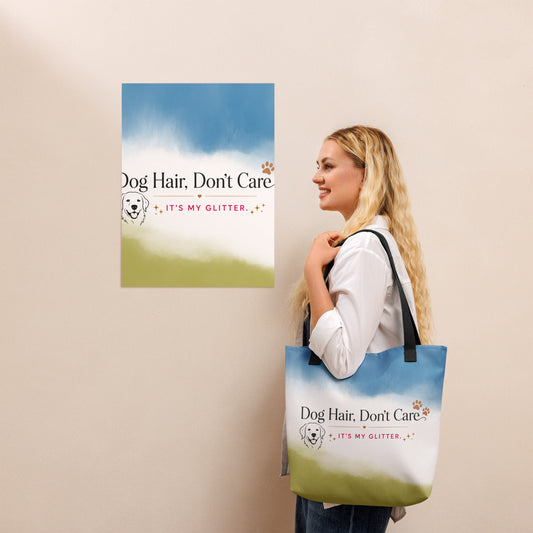 Woman carrying the Dog Hair, Don’t Care tote bag over her shoulder