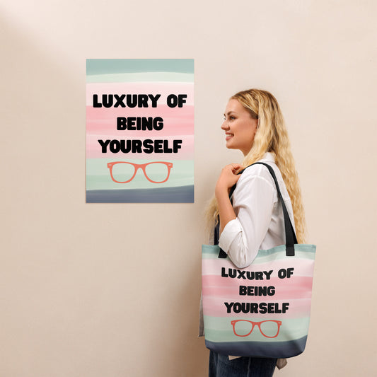Woman carrying the Your True Self statement tote bag