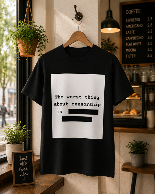 Black Blank Says It All graphic T-shirt displayed on a hanger