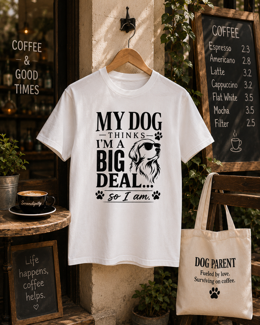 White My Dog Thinks I’m a Big Deal T-shirt displayed in an outdoor café