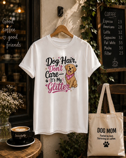 White Dog Hair, Don’t Care T-shirt displayed in an outdoor café scene
