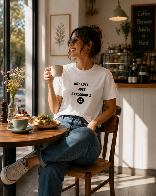 Woman wearing the white Accidentally Found graphic T-shirt in a café