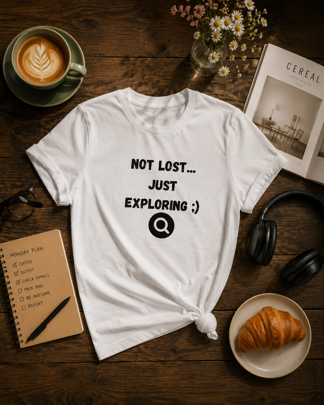 Accidentally Found white graphic T-shirt styled in a café flat lay