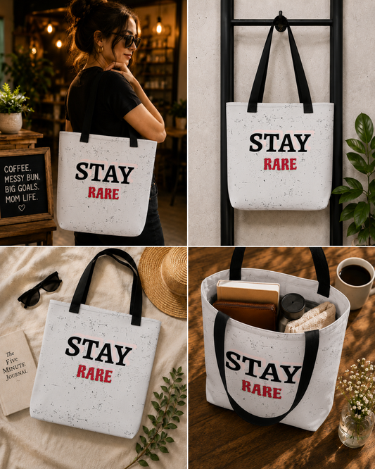 Stay Rare everyday tote bag collage showing café lifestyle and product detail views