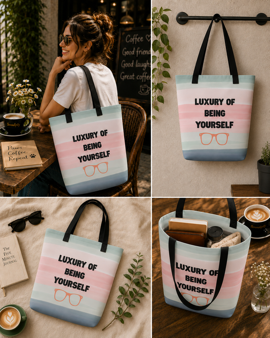 Your True Self graphic tote bag shown in a four-panel café collage