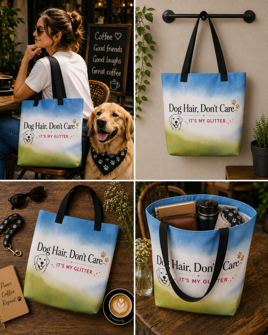 Dog Hair, Don’t Care tote bag shown in a four-panel dog café collage