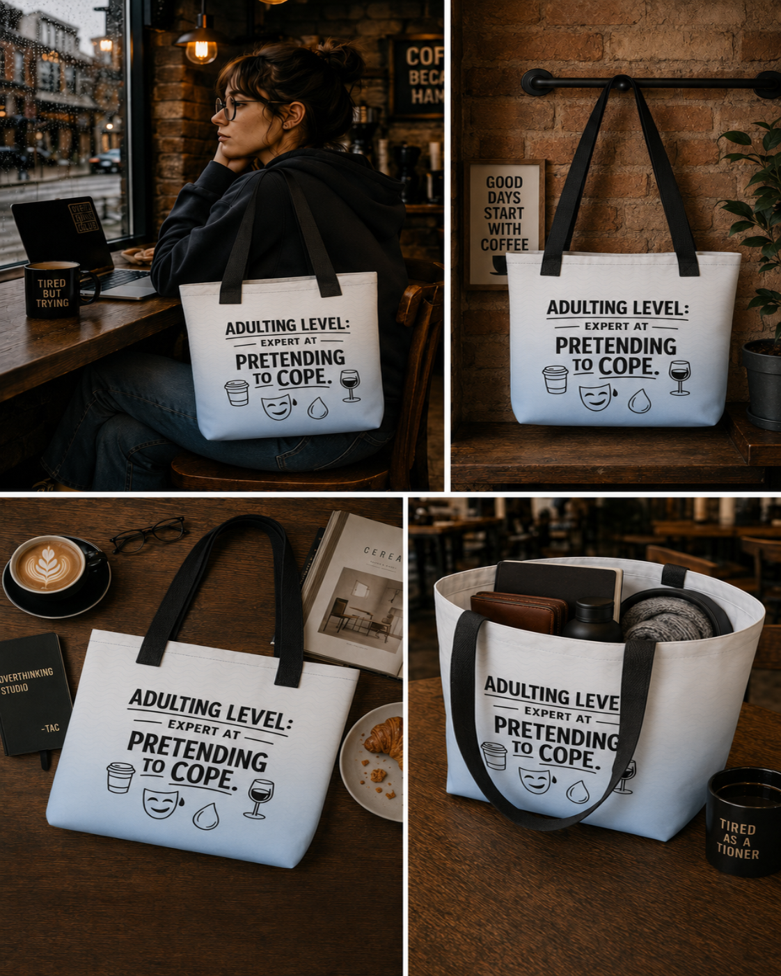 Adulting Survival tote bag collage showing café lifestyle and product detail views