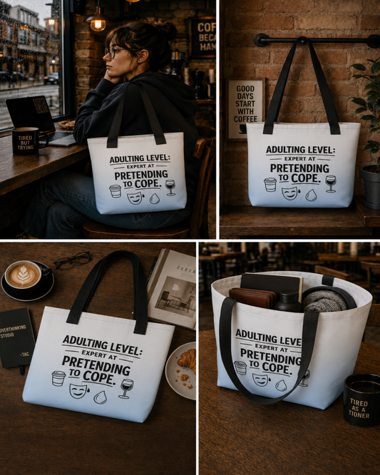 Adulting Survival tote bag collage showing café lifestyle and product detail views
