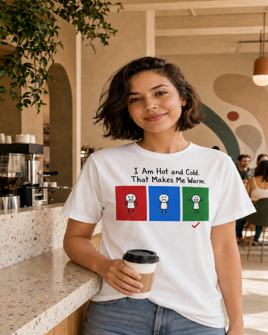 Woman wearing Hot, Cold & Perfectly Warm white unisex T-shirt in an earthy café