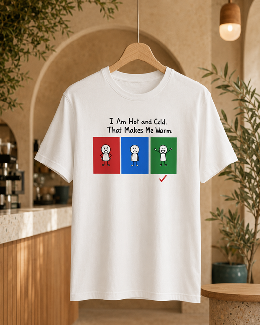 Hot, Cold & Perfectly Warm white graphic T-shirt displayed on a wooden hanger