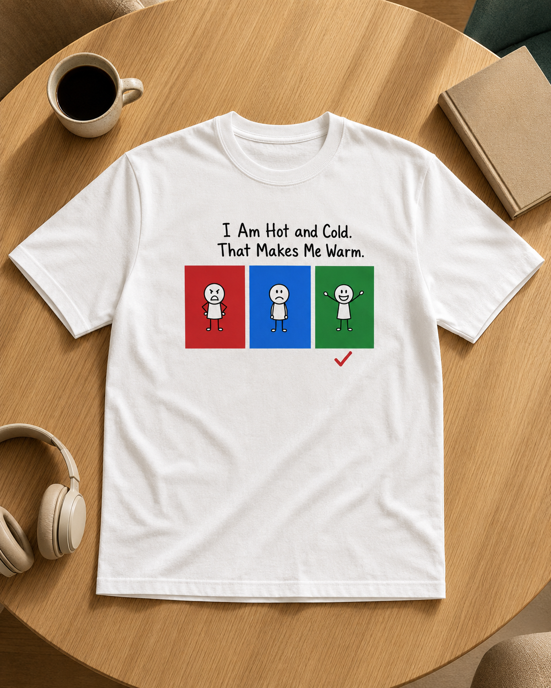 Hot, Cold & Perfectly Warm white unisex T-shirt flat lay with coffee, book and headphones
