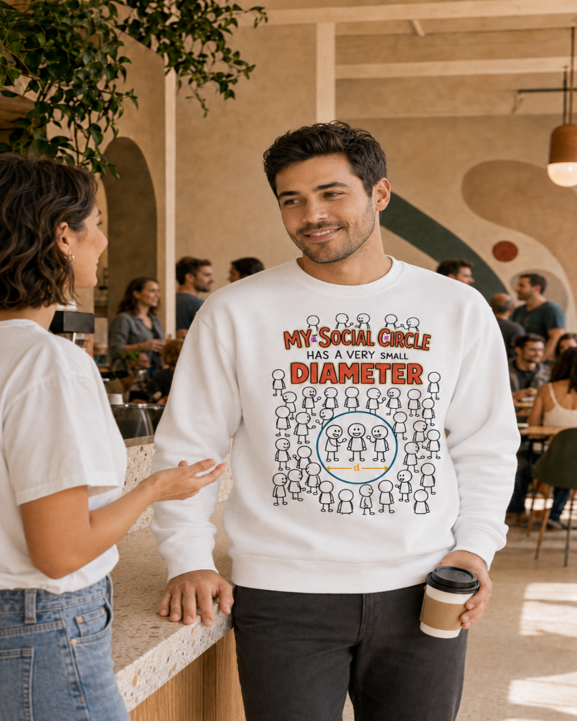 Man wearing The Small Circle white unisex sweatshirt while talking with one person in a busy earthy café