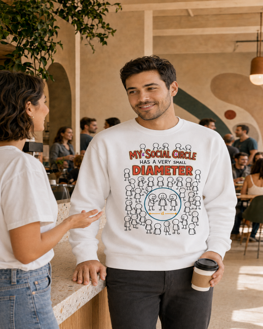 Man wearing The Small Circle white unisex sweatshirt while talking with one person in a busy earthy café