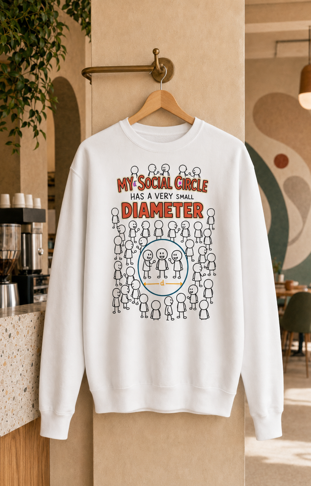 The Small Circle white unisex graphic sweatshirt displayed on a wooden hanger
