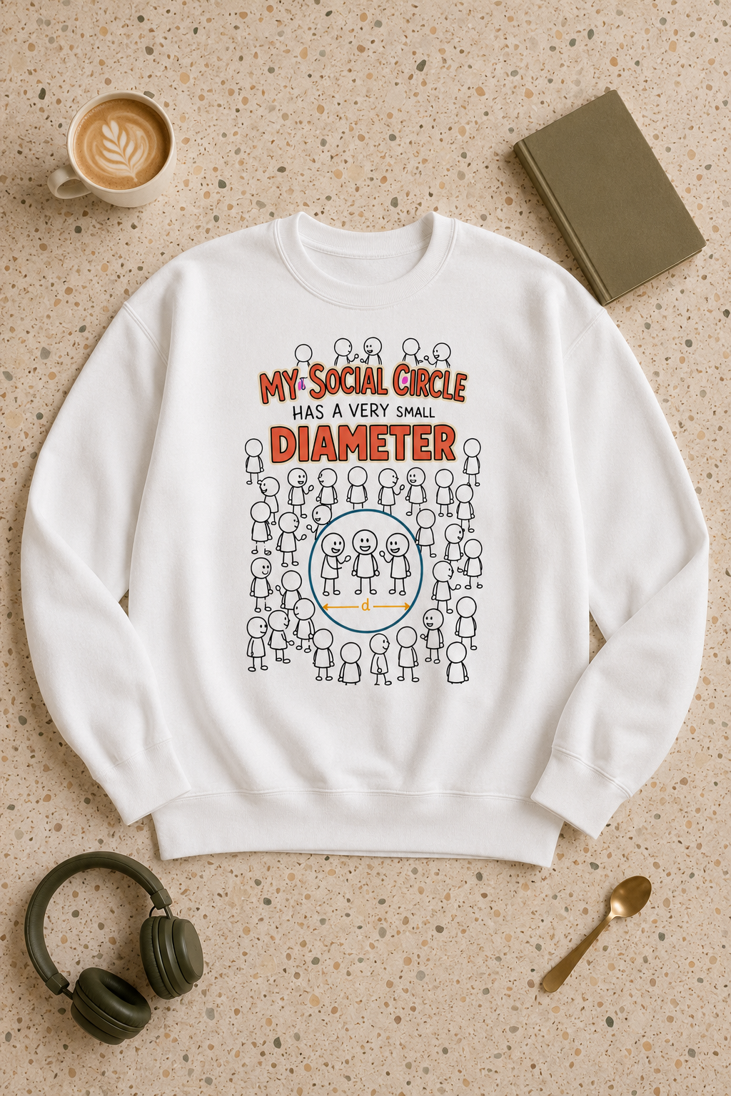 The Small Circle white sweatshirt flat lay with coffee, book and headphones