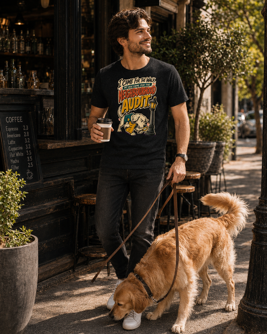 Man wearing The Neighbourhood Audit black graphic T-shirt while walking a golden retriever outside a café.