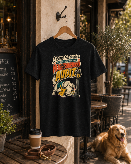A black graphic t-shirt hanging on a wooden hanger on a cafe table, featuring a colorful cartoon dog and the text 'I COME FOR THE WALK AND I WILL NOT LET NEIGHBOURHOOD AUDIT PASS'. A golden retriever dog is lying on the sidewalk in the background next to outdoor cafe seating.