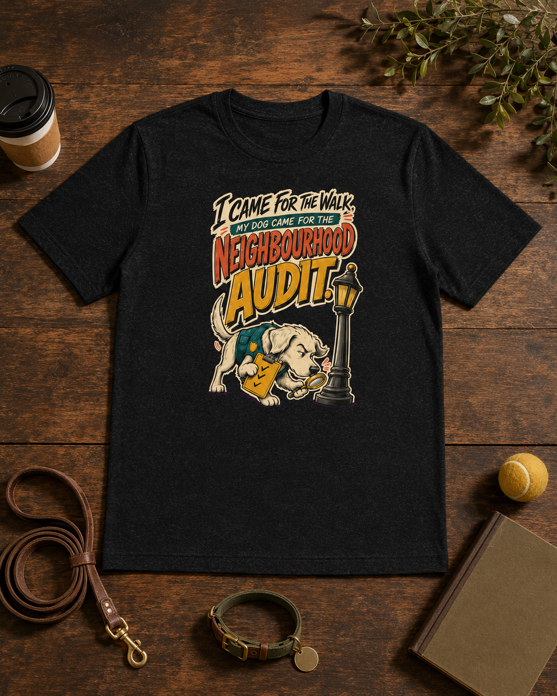 A black graphic t-shirt laid flat on a dark wood background, surrounded by lifestyle props including a coffee cup, leash, collar, notebook, and small plant. The shirt features a colorful retro-style graphic with a dog and the text 'I CAME FOR THE WALKS I'M LOOKING FOR A NEIGHBOURHOOD AUDIT'.