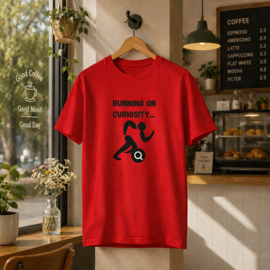 Red Curiosity Runs Here unisex T-shirt displayed on a wooden hanger