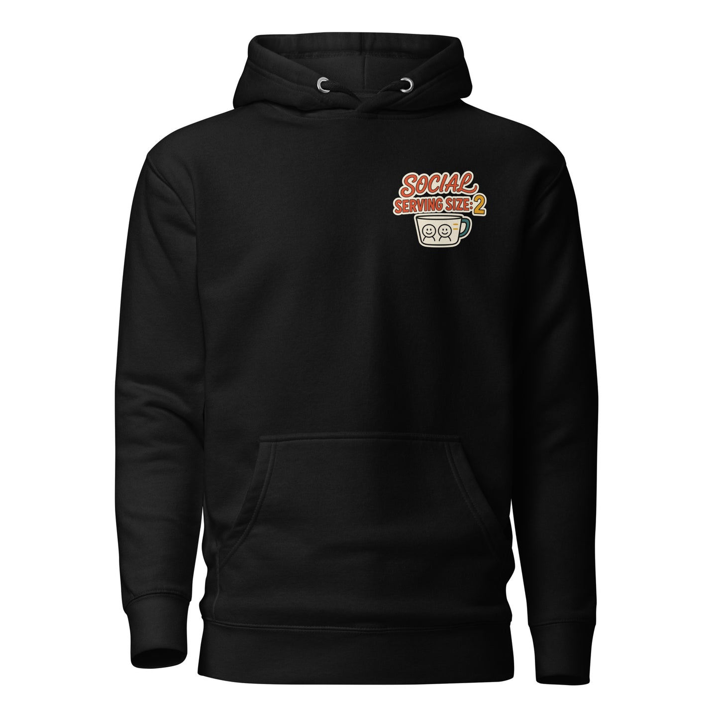 A black pullover hoodie with a small graphic on the left chest that reads 'SOCIAL SERVING SIZE 2' above a coffee cup illustration, shown on a plain white background.