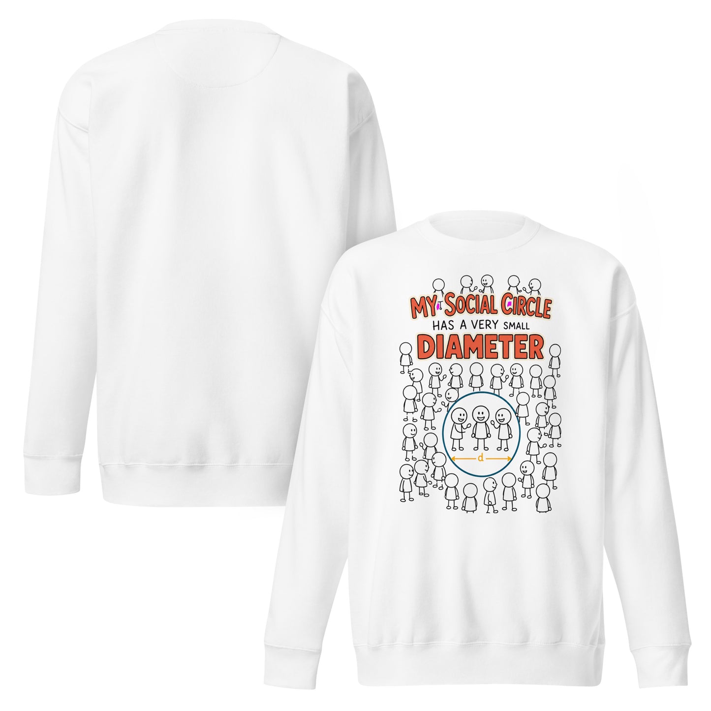 Front and back views of The Small Circle white unisex sweatshirt