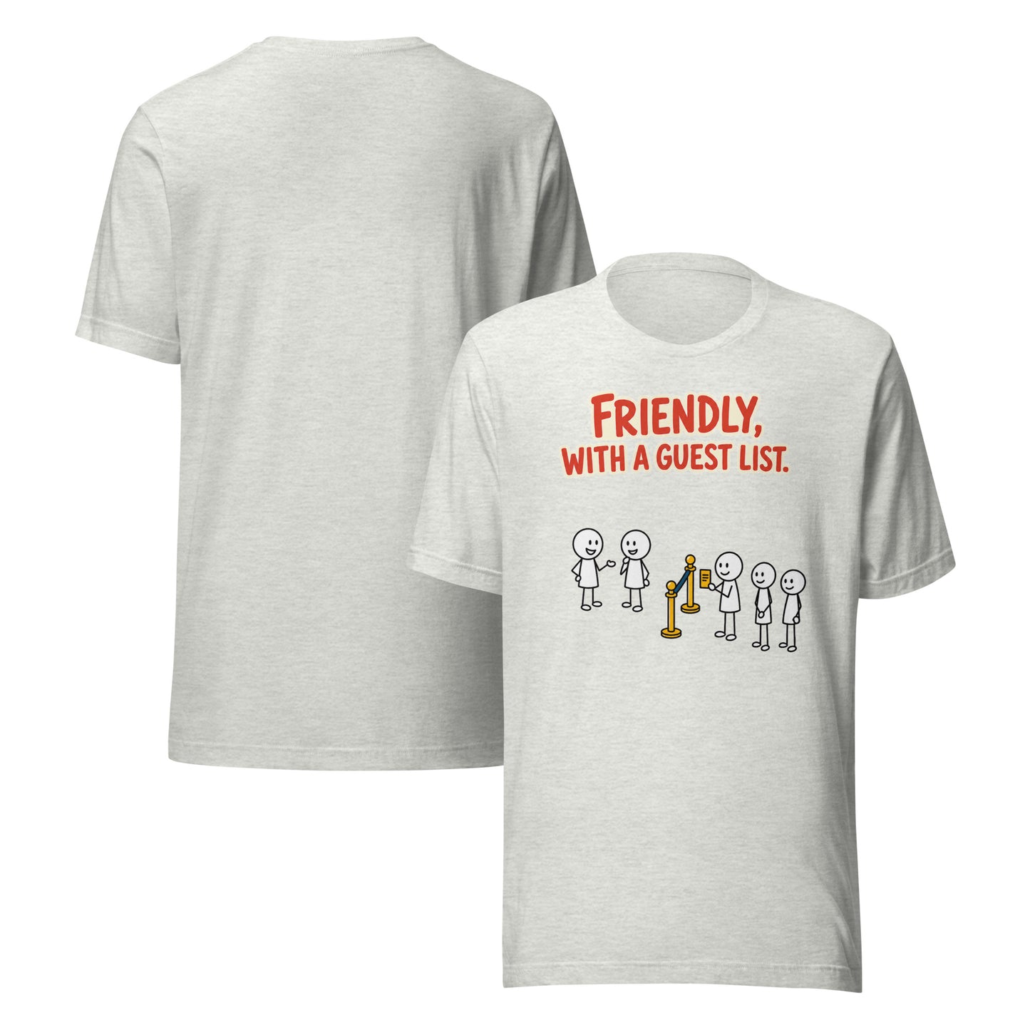 Front and back views of The Guest List ash unisex T-shirt 