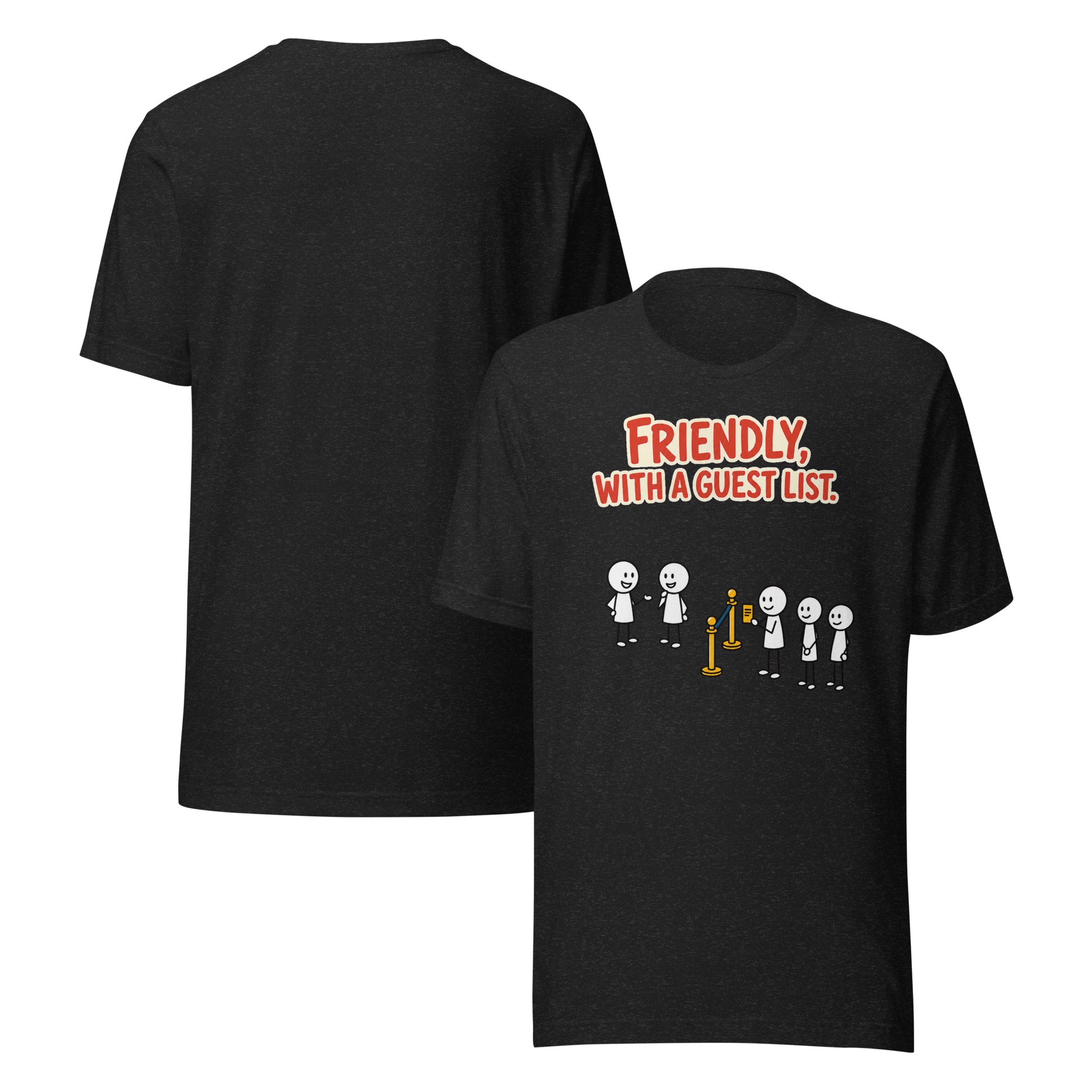 Front and back views of The Guest List Black unisex T-shirt