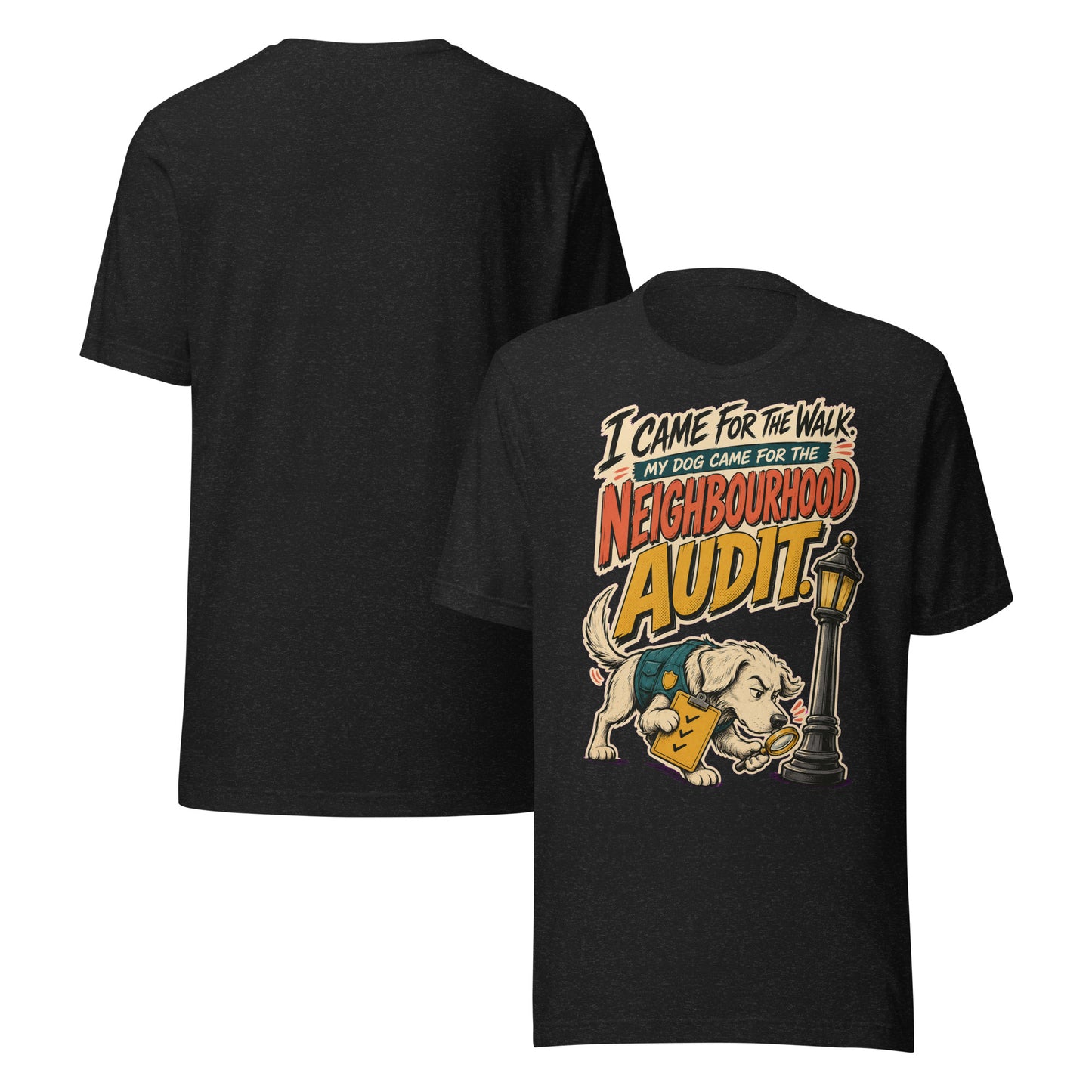Black t-shirt with white graphic design and text on a white background