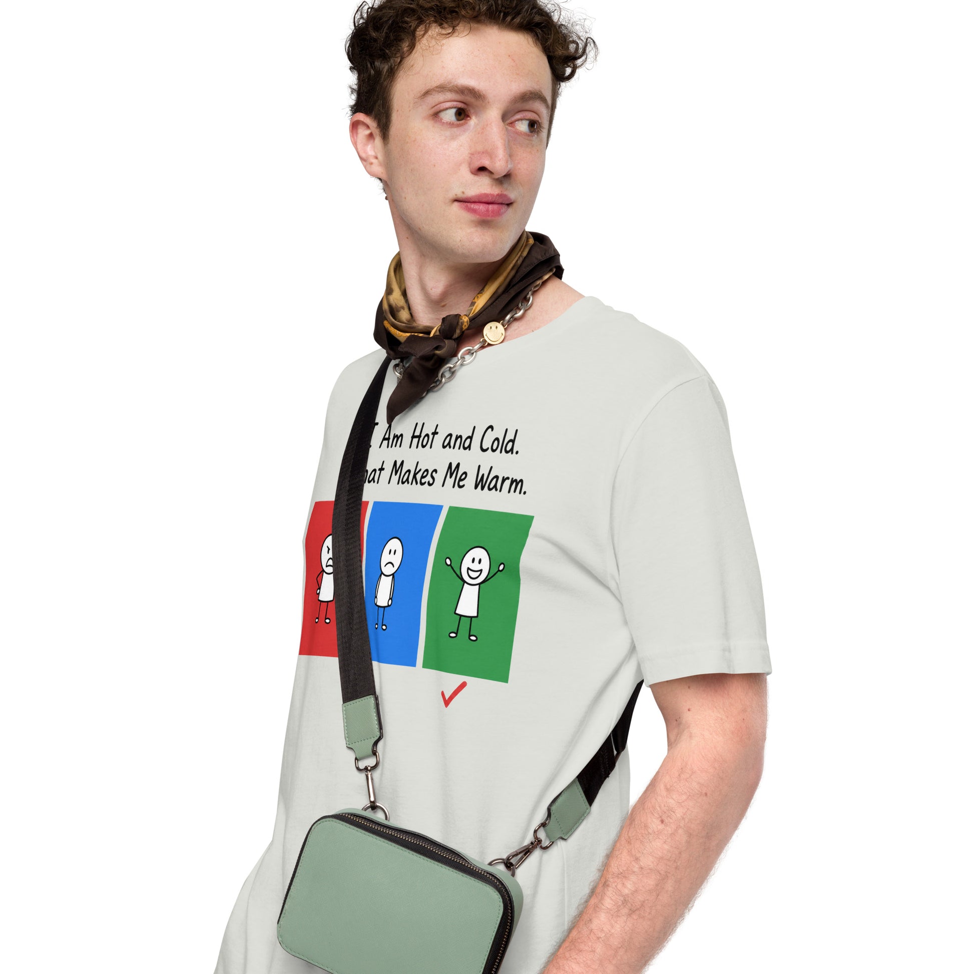 Man wearing the Hot, Cold & Perfectly Warm unisex graphic T-shirt