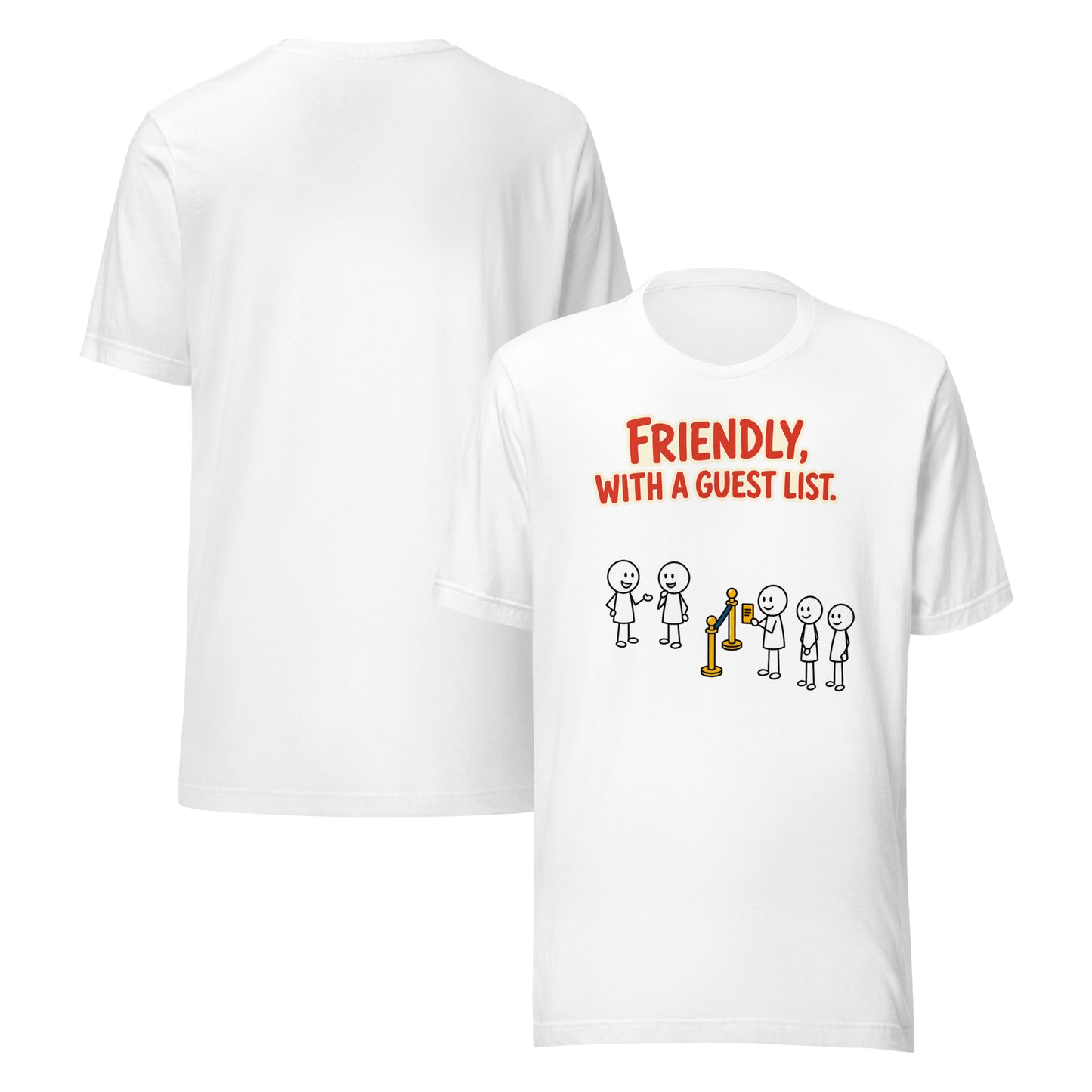 Front and back views of The Guest List white unisex T-shirt